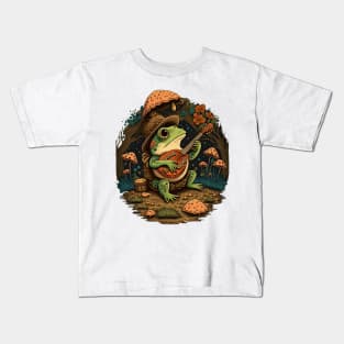 Cottagecore aesthetic cute frog playing ukelele on Mushroom Kids T-Shirt